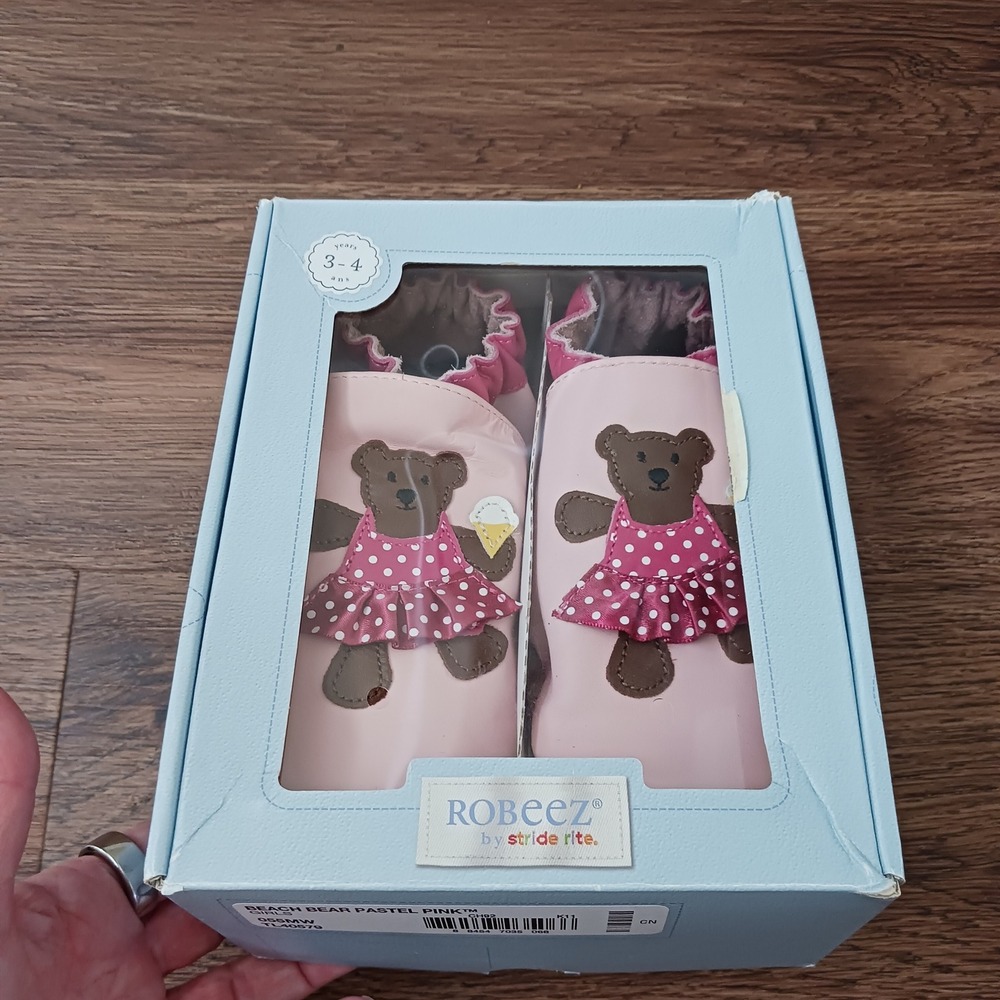 Robeez Stride Rite Beach Bear Pastel Pink Leather Soft Soles Shoes 3-4 Years‎